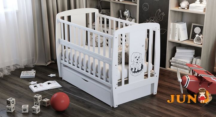 Дитяче ліжечко для новонароджених ДУБОК Песик з шухлядою маятник біла