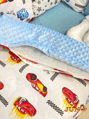 Комплект постільної билизни, в дитяче ліжечко. Блакитно- білий з тачками з мультика