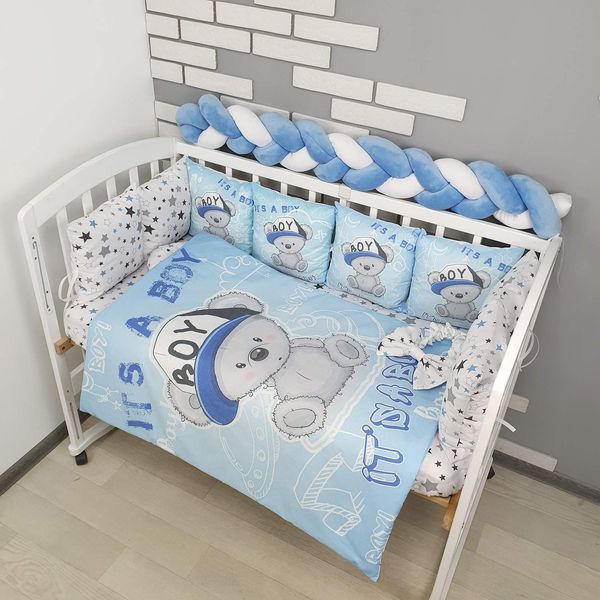 Комплекти постільної білизни, в дитяче ліжечко. Ведмедик Boy блакитний (Ковдра з великим принтом)