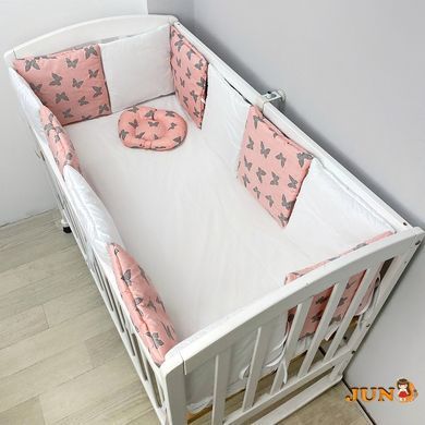 Захист у ліжечко - плоскі подушки на 4 боки + простирадло та подушка, Біло- персиковий з метеликами
