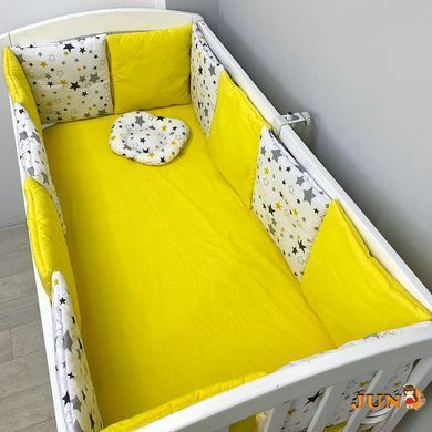 Захист у ліжечко - плоскі подушки на 4 боки + простирадло та подушка, Жовтий в зірочку