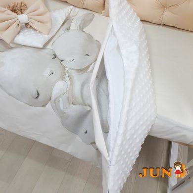 Комплект постельного белья + Конверт на выписку-с подушечками, в детскую кроватку. Бежевый, с зайками