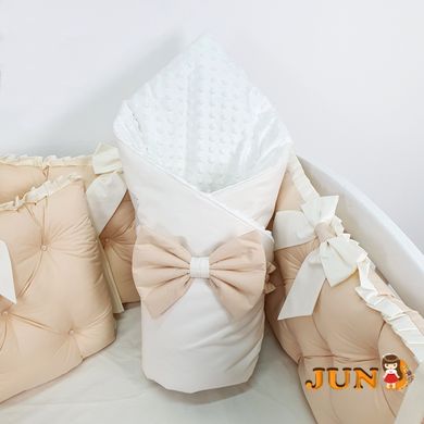 Комплект постільної білизни + Конверт на виписку-з подушечками, в дитяче ліжечко. Бежевий, з зайками