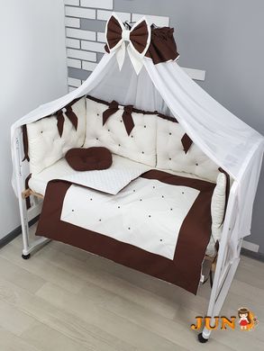 Комплект постільної білизни + Конверт на виписку-з подушечками, в дитяче ліжечко. Молочно- шоколадний, з намистинками