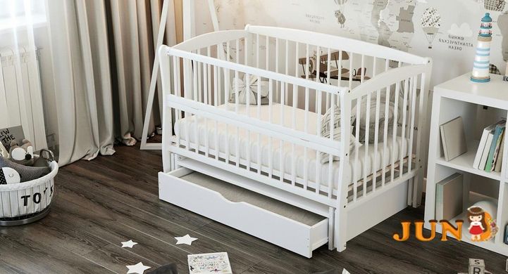 Дитяче ліжечко для новонароджених ДУБОК Еліт з шухлядою, маятник, відкидний бік бук білий