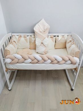 Комплект постільної білизни + Конверт на виписку-з подушечками, в дитяче ліжечко. Молочно- бежевий з бантами