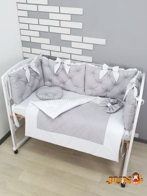 Комплект постільної білизни + Конверт на виписку-з подушечками, в дитяче ліжечко. Сіро-білий, з намистинками