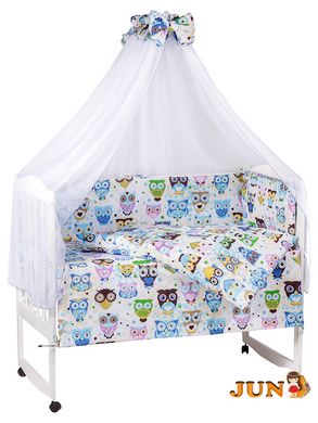 Комплект постільної білизни в дитяче ліжечко Qvatro Gold RG-08 малюнок білий (бірюзові великі сови)