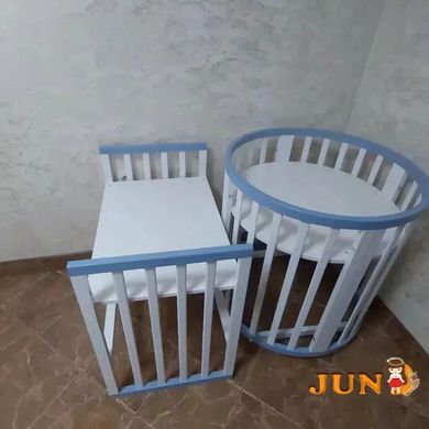 Дитяче ліжечко для новонароджених трансформер, без шухляди, (кругле 7 в 1)  біле+блакитне