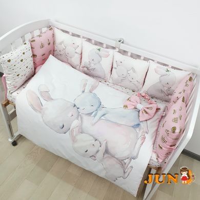 Комплект постільної білизни, в дитяче ліжечко. Зайчики с мамою рожеві, з подушками