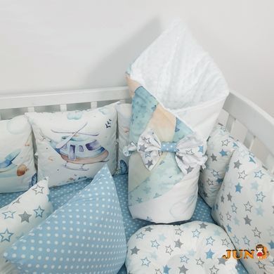 Комплект постільної білизни, в дитяче ліжечко. Повітряна куля з літачками та гвинтокрилами, з подушками