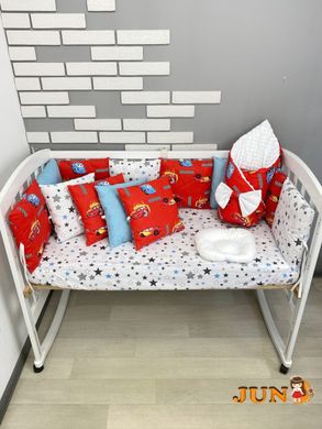 Комплект постільної билизни, в дитяче ліжечко. Червоно- блакитний з тачками з мультика