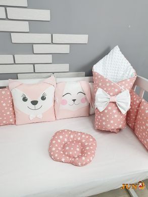 Комплект постільної білизни, в дитяче ліжечко. Кораловий в зірочку, з подушками