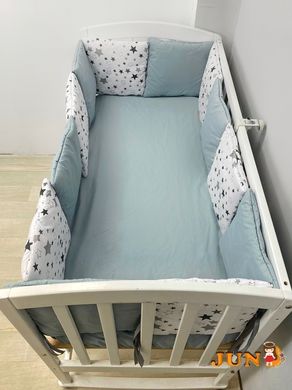 Захист у ліжечко - плоскі подушки на 4 боки + простирадло та подушка, Сіро-білий в зірочку