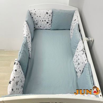 Защита в кроватку - плоские подушки на 4 стороны + простыня и подушка, Серо-белый в звездочке